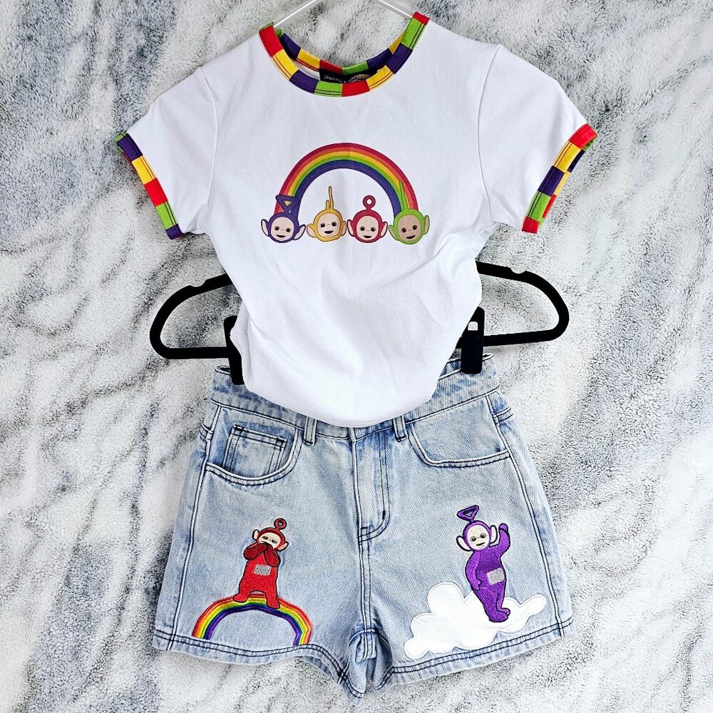 Dolls Kill x Teletubbies XXS Baby Tee AND High Waisted Embroidered Jean Shorts